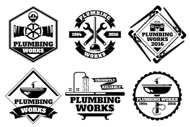 Бесплатное векторное изображение Сантехник рабочий логотип и набор сантехнических этикеток. шаблон логотипа сантехнических работ.
