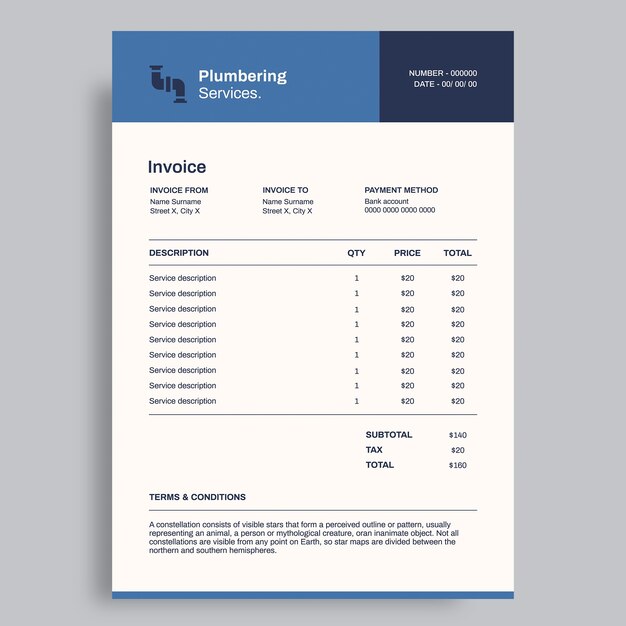 Plumbering services company invoice template