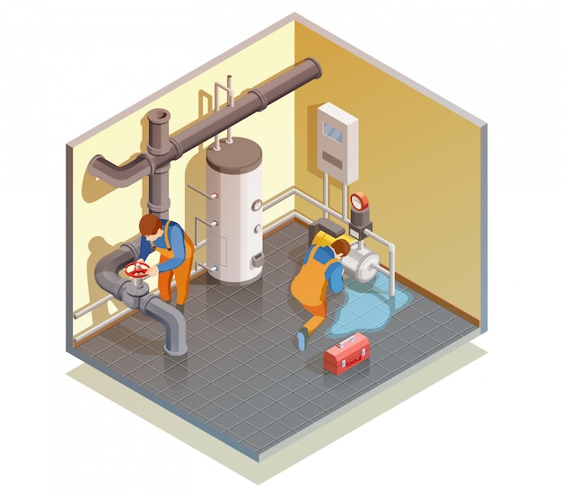 Plumbers boiler leak fixing isometric composition