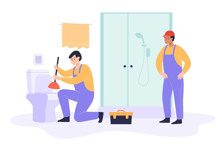 Plumbers clearing blockage in toilet with plunger