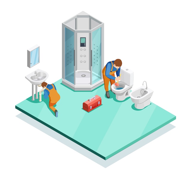 Free vector plumbers in modern bathroom isometric image