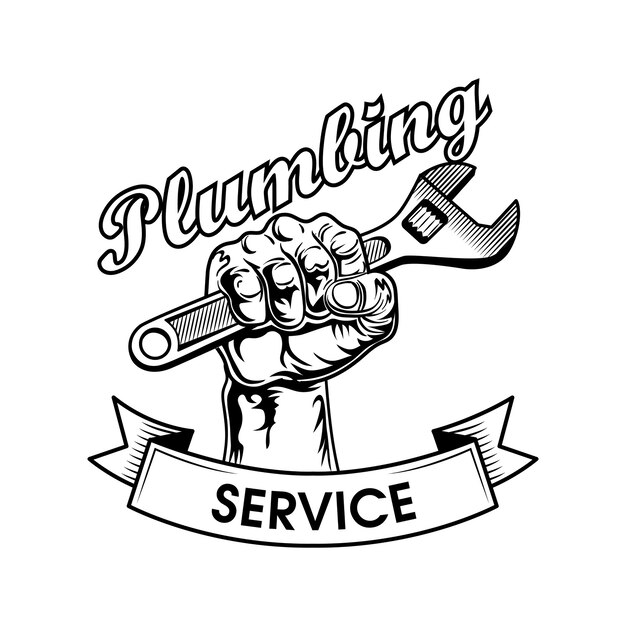 Plumbers tools vector illustration. Human fist clenching adjustable wrench, power gesture and service text. Plumbing or job concept logo