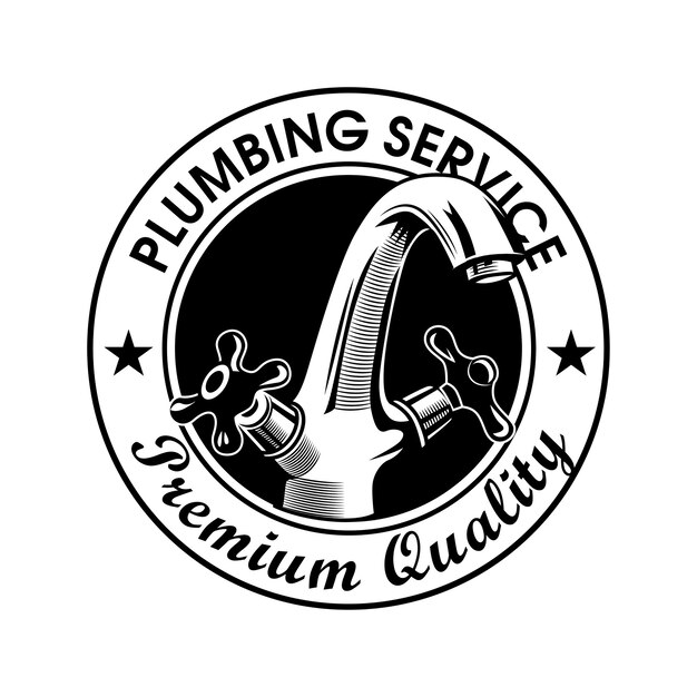 Plumbing service stamp vector illustration. Faucet and premium quality text with stars. Plumbing concept logo