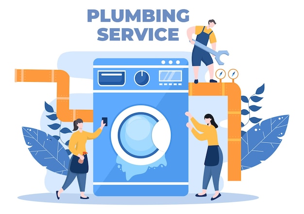 Plumbing service with plumber workers repair, maintenance fix home and cleaning bathroom equipment in flat background illustration