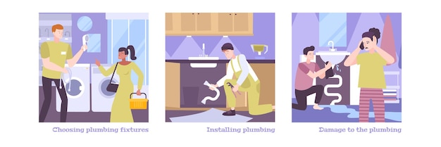 Plumbing set compositions with flat human characters illustration