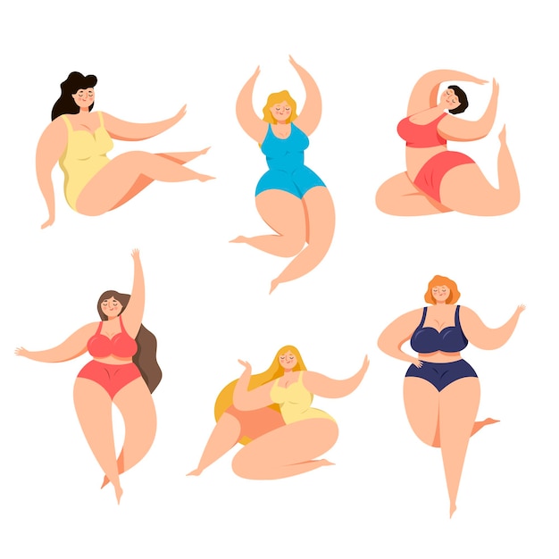 Plus size beautiful women in different poses set. Vector illustrations of female characters in bikini. Cartoon persons exercising dancing jumping isolated on white. Body positive movement concept