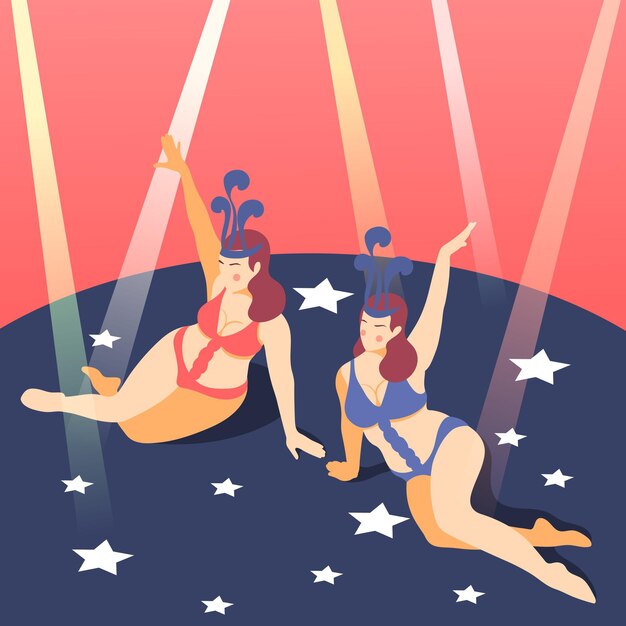 Plus size nightclub dancers performing in sexy bikini outfits under spotlights illustration