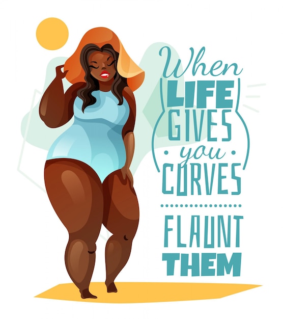 Plus size woman in hat and blue swim suit poster with quote about body