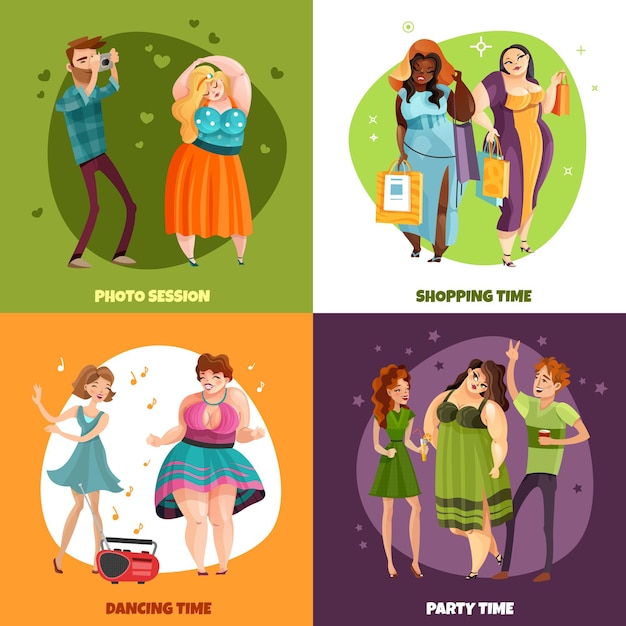 Free vector plus size women during photo session shopping party and dancing  concept isolated