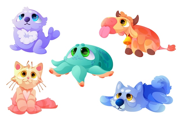 Free vector plush toys, funny soft seal, cow, cat with octopus and dog. cute animals, stuffed dolls for child playing, furry kitten or wolf, farm or sea creatures isolated objects cartoon vector illustration, set