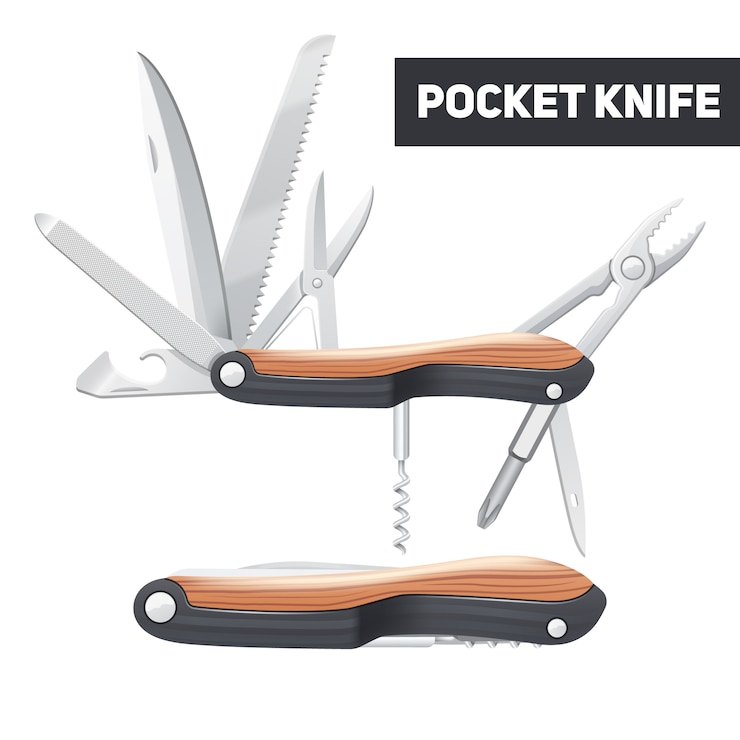 Free Vector pocket multifunctional knife with scissors screwdriver opener and corkscrew