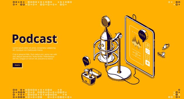 Podcast isometric landing page. Tablet pc with app for listening online radio or music, wireless headphones and studio microphone, equalizer and control buttons on screen 3d line art web banner
