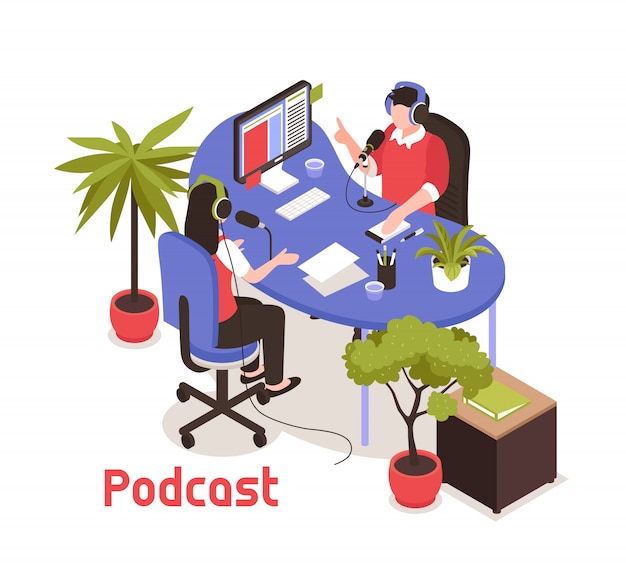 Podcast isometric  with two  bloggers recording soundtrack in studio