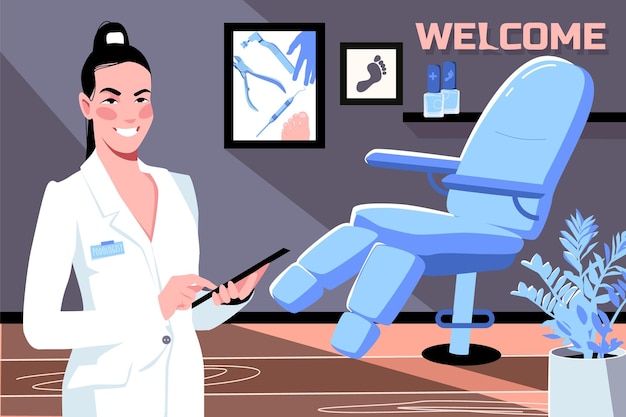 무료 벡터 의자 텍스트와 여성 전문의 벡터 삽화가 있는 의사 사무실을 볼 수 있는 발병 발 질환 플랫 구성