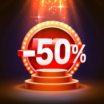 Podium 50 off with share discount percentage. vector illustration