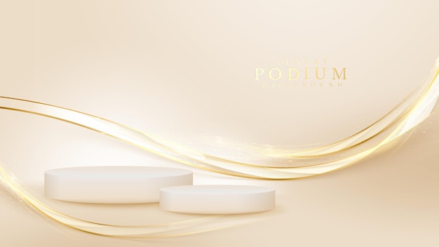 Подиум для демонстрации продукта в роскошном стиле и элементы золотой кривой с блестящим световым эффектом.