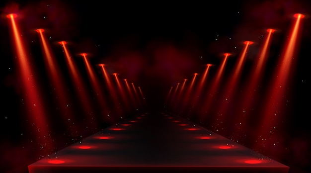 Podium illuminated by red spotlights. Empty platform or stage with beams of lamps and spots of light on floor. realistic interior of dark hall or corridor with projectors rays and smoke