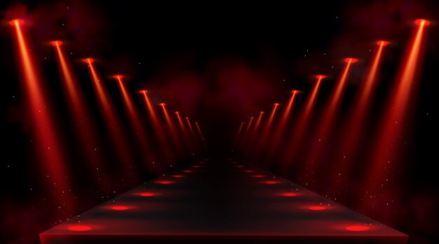 Подиум освещен красными прожекторами. Пустая платформа или сцена с лучами ламп и пятнами света на полу. реалистичный интерьер темного зала или коридора с прожекторами лучей и дыма