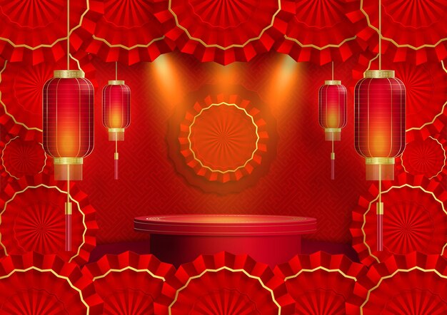 Podium round stage chinese style, for chinese new year and festivals or mid autumn festival with red paper cut art and craft on color backgroung with asian elements