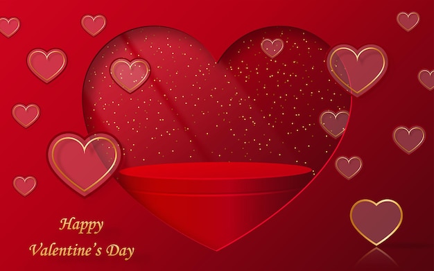 Круглая сцена подиума на день святого валентина с красным и золотым сердцем на день любви к тебе