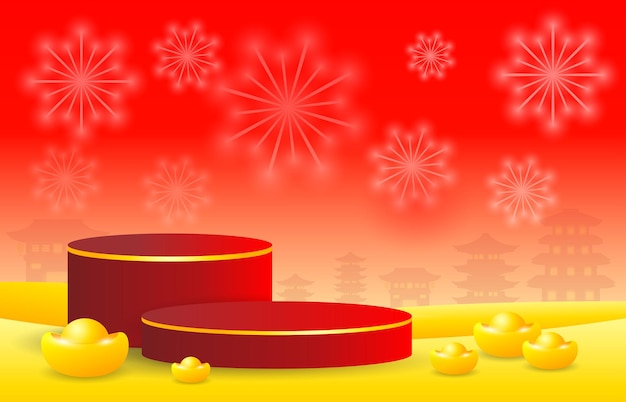 Podium round stage podium and paper art chinese new year  year of the tiger zodiac red and golden