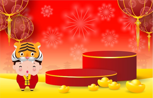 Podium round stage podium product display and paper art chinese new year  year of the tiger zodiac