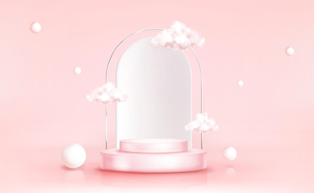 Podium with clouds with geometric spheres, empty cylindrical stage for award ceremony or product presentation platform