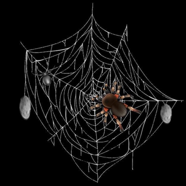 Free vector poisonous spiders on web lace with hunted and wrapped preys 3d realistic vector isolated on black ba