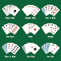 Бесплатное векторное изображение Покер руки с королевским флешем четыре вида полный дом изолированных векторных иллюстраций