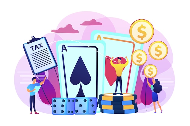 포커 플레이어, 행운의 카지노 우승자 평면 캐릭터. 도박 소득, 도박 소득 과세, 법적 베팅 운영 개념.