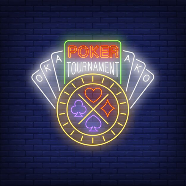 Free vector poker tournament neon text with playing cards and chip