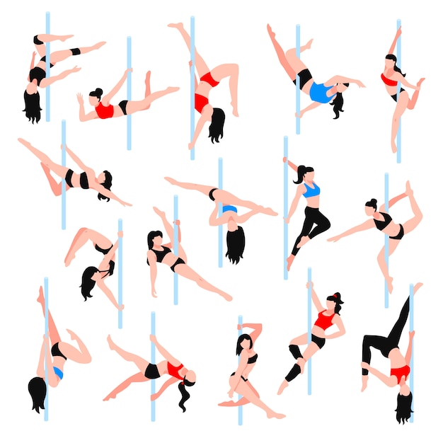 Free vector pole dance isometric icons set