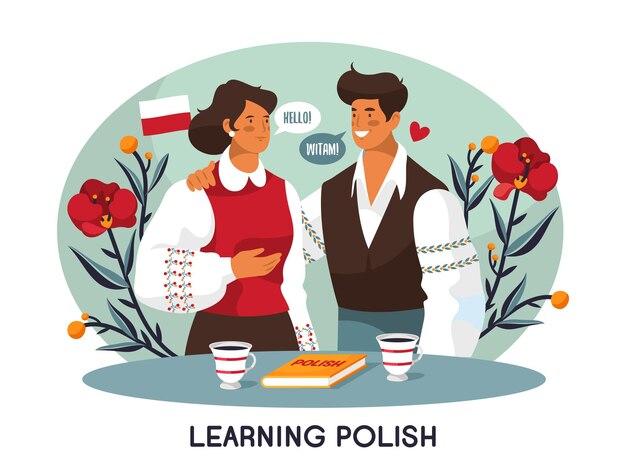 폴란드인들은 대화를 하거나 폴란드어를 배우거나 이야기를 나눕니다. 교사 또는 교사와의 수업, 의사 소통. 벡터 배너 또는 배경입니다. 외국의 전통과 문화를 연구합니다. 교육 테마입니다.