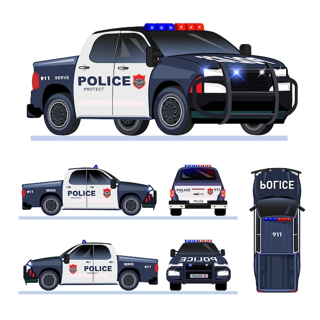 Free vector police car from different angles top side back front views flat set isolated vector illustration