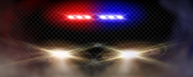 Police car red and blue light night flare cop siren vector effect Front view on realistic emergency headlight glow with smoke isolated Danger smog near shine of ambulance or justice patrol bulb