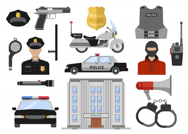 Набор полицейских декоративных плоских иконок