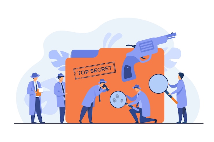 Free Vector police detectives searching evidences with magnifying glass flat vector illustration. cartoon spies or agents in hats, gun and undercover file. mystery and investigation concept