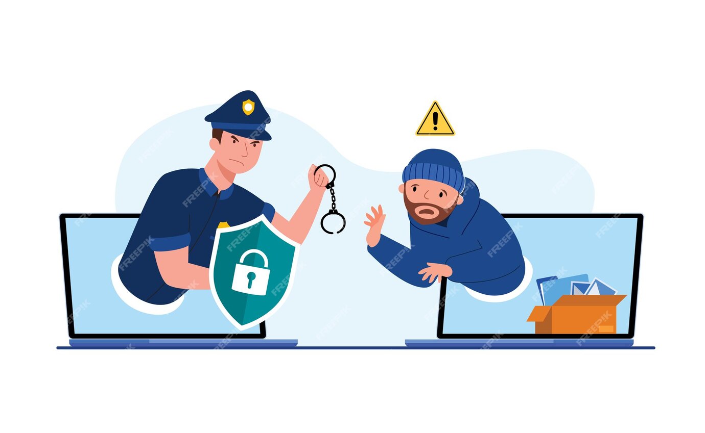 Imagem vetorial de policial com algemas para pegar o ladrão na tela do computador