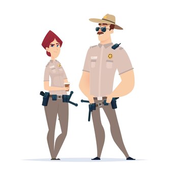 一緒に立っている制服を着た警官のカップル。警察のキャラクター。公安職員。法と秩序の守護者。