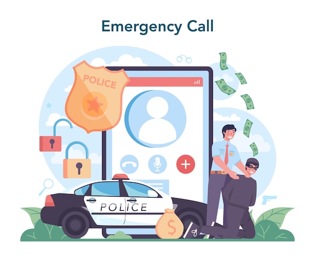 Police officer online service or platform Detective making interrogation Policeman patrol the city community policing Emergency call Vector illustration