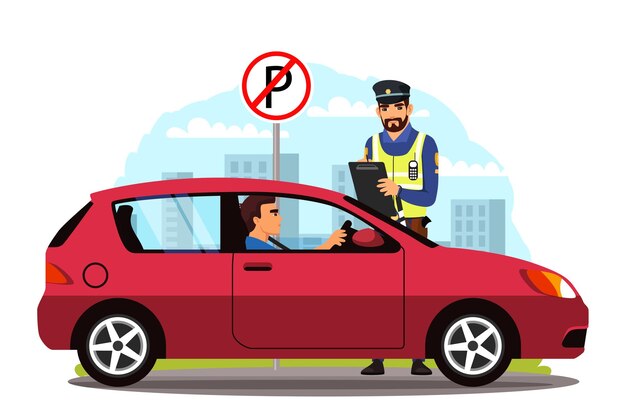 違法駐車に対して罰金を科す警察官車に座っている男警官がタブレットを持って立っている駐車道路標識なし道路規則と安全性