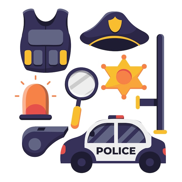Бесплатное векторное изображение Комплект профессионального оборудования полиции. пуленепробиваемый жилет, дубинка, значок, оружие и другие элементы. векторная иллюстрация