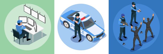 Концепция изометрического дизайна полиции безопасности набор из трех квадратных композиций с иллюстрацией задержания преступников полицейским патрулем