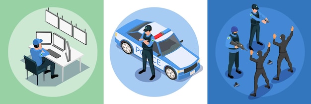 Police security isometric design concept set of three square compositions with guard police patrol detention of offenders illustration