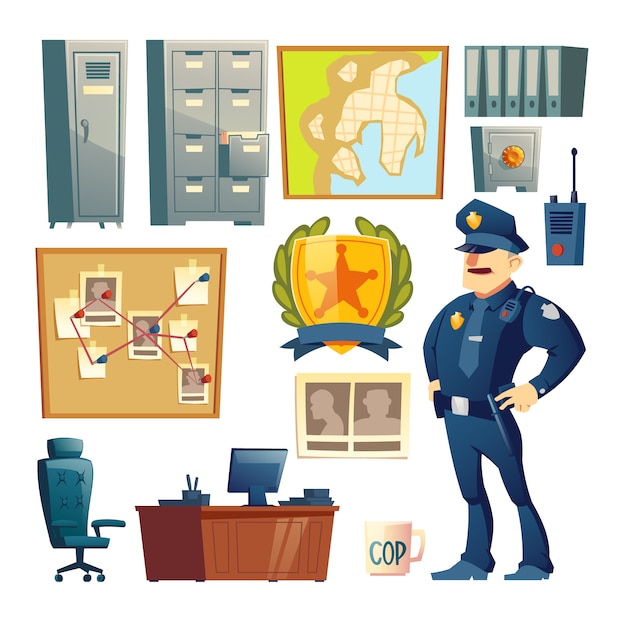 Police station interior element cartoon vector set