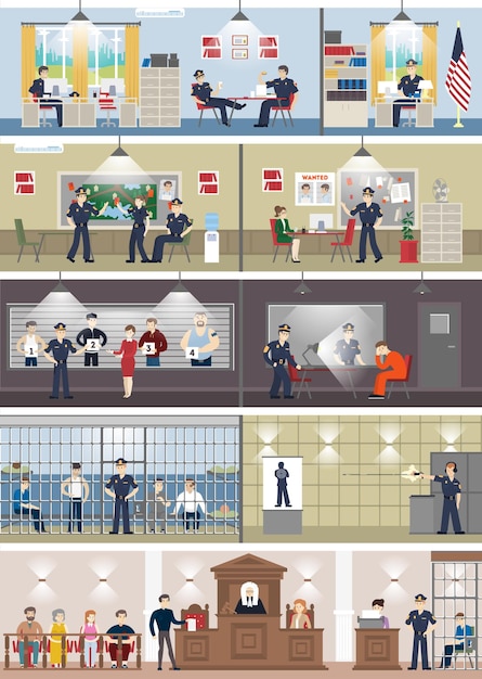 Бесплатное векторное изображение Интерьер полицейского участка с комнатами офисная комната комната для допроса свидетелей тюремная камера и приемная