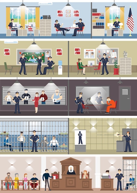 Free vector police station interior set with rooms office room witness interview room prison cell and receiving desk