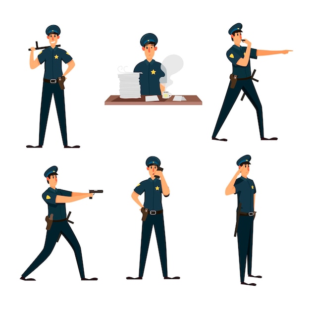 Бесплатное векторное изображение Полицейский персонаж в наборе позы действий. иллюстрация патрульного офицера в костюме полицейского с пистолетом и значком