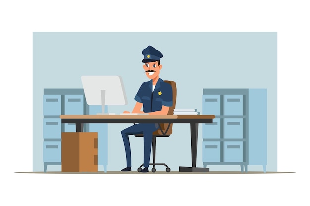 Бесплатное векторное изображение Полицейский за столом сотрудник правоохранительных органов мужчина в полицейской форме пишет отчет мультипликационный персонаж веселый охранник сержант, работающий с компьютером