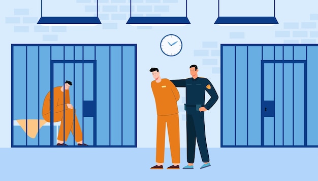 Free vector policeman leading criminal to prison room. jail in police department, worker in uniform flat vector illustration. justice, crime, investigation concept for banner, website design or landing web page